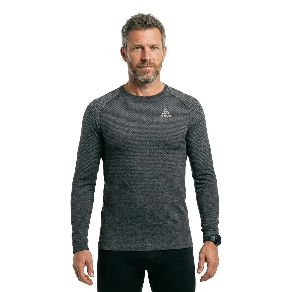 Maglietta A Maniche Lunghe Crew Essential Seamless Grey Melange S - Odlo - FashionsVida