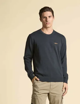 Maglioncino girocollo blu in puro cotone - Aeronautica Militare - FashionsVida