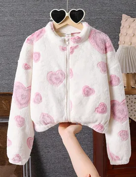 Pieza Chaqueta casual de felpa con cuello alto y cremallera con estampado de corazón para niñas, otoño/invierno - Shein - FashionsVida
