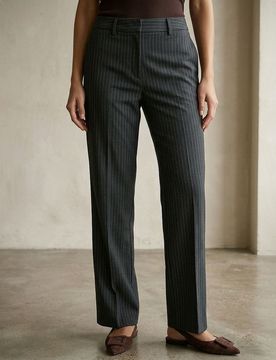 Pantaloni eleganti straight leg a righe con miscela di viscosa - blu scuro