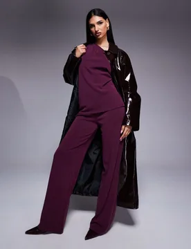 Womens Co-Ord Wide Leg Cupro Trouser In Grape - Burgundy - Size Small - ASOS DESIGN - FashionsVida