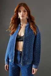 Women's Denim All Over Hotfix Bomber Jacket in Dark Wash Size: 8 - Dark Wash - Size: 8