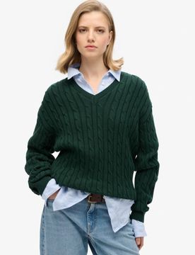 Superdry Damen Pullover mit V-ausschnitt und Zopfmuster in Übergröße Grün - Größe: 42-44