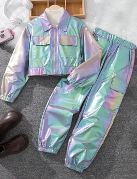 Conjunto de chaqueta y pantalones con diseño de bloques de color y efecto láser para niñas preadolescentes - Shein - FashionsVida