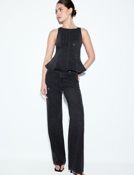 Denim-Top mit Schößchen und Glitzer Schwarz XS