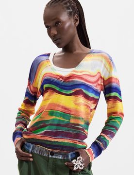 Pull fin en maille imprimé, , Jaune, XS