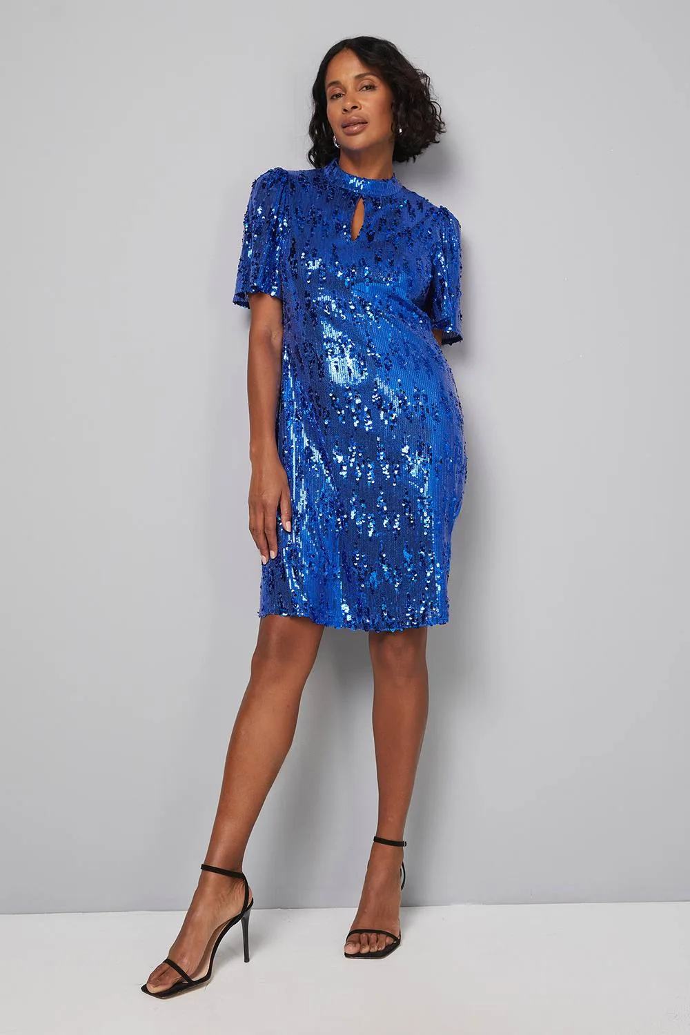 Sequin High Neck Shift Dress - Cobalt - Size: 18 - Wallis - FashionsVida