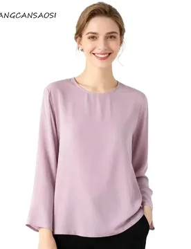 Women's Early Autumn Classic Basic New 100% Natural Mulberry Silk Crepe De Chine Round Neck Long Sleeved Solid Color T-shirt - Aliexpress - FashionsVida