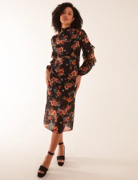 Floral Printed High Neck Midi Dress With Frill Sleeve Details - 8 / BLACK - female - Blue Vanilla - FashionsVida