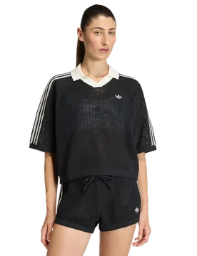 Knitted Crochet Polo Women T-Shirts - Black - Size XS - Poly Mesh - Black - Size: Extra Small - Adidas - FashionsVida