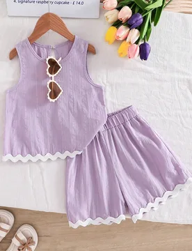 Conjunto de Top sin Mangas de Tela Texturizada con Dobladillo en Contraste & Pantalones Cortos Casuales para Niñas Jóvenes, Conjunto de Dos Piezas P - Shein - FashionsVida