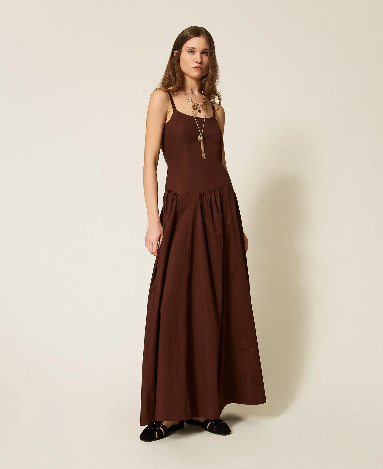 Robe longue en popeline avec fronce - TWINSET - FashionsVida