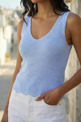 Scalloped Edge V-Neck Knit Vest - Light Blue - Size: 16