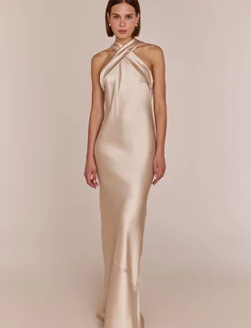 Roma Dress in Champagne Satin — Halterneck Maxi Bridesmaid Dress - 8 - Rewritten - FashionsVida