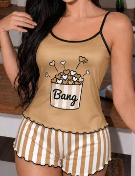 Conjunto de pijama para mujer 2026, estampado de palomitas de maíz a rayas caqui, conjunto de 2 piezas, conjunto de shorts y camisola, conjunto de ro - Shein - FashionsVida