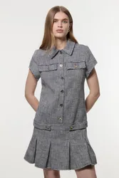 Womens Petite Spring Tweed Tailored Mini Dress - Navy Cotton - Size 12 Uk