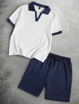 Set de 2 piezas Camisa polo de manga corta con tela jacquard y pantalón corto con cordón y cintura elástica para hombres talla grande, con puños y - Shein - FashionsVida