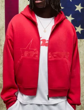 Mens Red Shrunken Zip Through M Star Printed Hoodie Cotton - Size Large - boohooMAN - FashionsVida