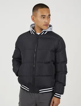 Mens Black Padded Varsity Style Jacket With Detachable Hood - Size Medium - Brave soul - FashionsVida