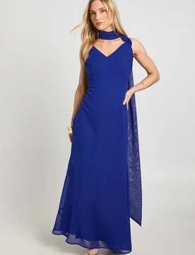 Womens Petite Chiffon Drape Neck Scarf Detail Maxi Dress - Blue - Size 10 Uk - Boohoo - FashionsVida