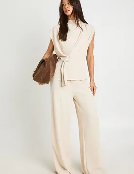 Womens Tall Hammered Knot Front Cowl Neck Blouse Wide Leg Trouser Co-Ord - Ecru - Size 18 Uk - Boohoo - FashionsVida