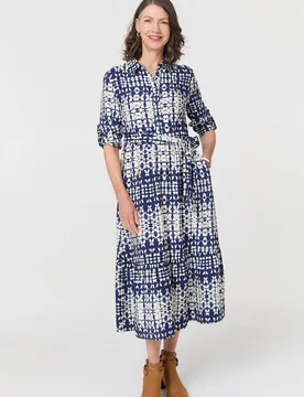 Printed Tie Front Midi Shirt Dress - Blue - Size: 8 - Izabel London - FashionsVida