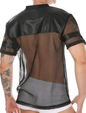 Men's Faux Leather T-Sleeve Fishnet Short Sleeve Breathable V-Neck Short Sleeve Mesh Patchwork Casual Basketball Sportswear - Aliexpress - FashionsVida