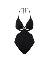 Costume intero Beachwear nero cut-out con logo metallico e laccetti regolabili