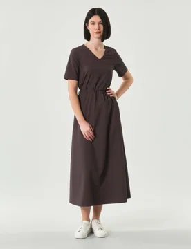 Abito midi marrone in tessuto tecnico con coulisse in vita regolabile - Duno - FashionsVida