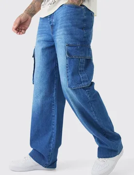Men's Tall Relaxed Rigid Cargo Jeans Mid Blue Size 32 Mid Blue 32 - boohooMAN - FashionsVida