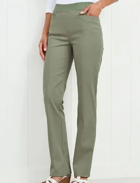 Women's Premium Pull On Twill Straight Leg Jeans 29" (74cm) inside leg in Olive Size: 16R - Olive - Size: 16R - Cotton Traders - FashionsVida
