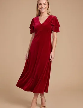 Women's Petite DP Luxe Velvet Double Flutter Midi Dress in Red Size: 16 - Red - Size: 16 - Dorothy perkins - FashionsVida