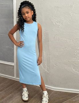 Vestido midi de punto azul con pliegues en la cintura para niñas preadolescentes, ajustado y cómodo, versátil y adecuado para uso diario, fiestas,