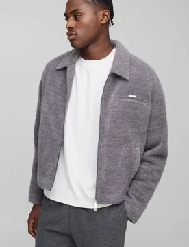 Men's Boxy Fit Textured Harrington Jacket Charcoal Size Small Charcoal S - boohooMAN - FashionsVida