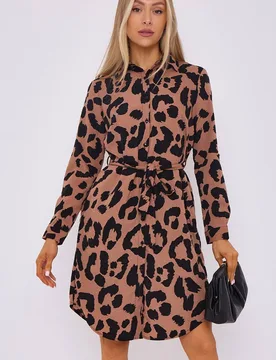 Women's Tan Leopard Print Mini Shirt Dress in Brown Size: 14 - Brown - Size: 14 - LOVE SUNSHINE - FashionsVida