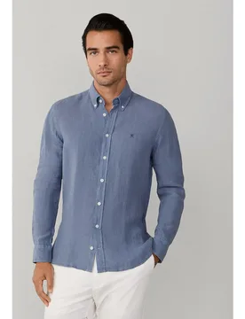 Camisa de hombre de lino lisa con logo bordado - Hackett - FashionsVida