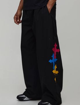 Herren Extreme Fallschirm-Schnitt Hose Mit Kreuz-Stickerei Black Größe 4XL