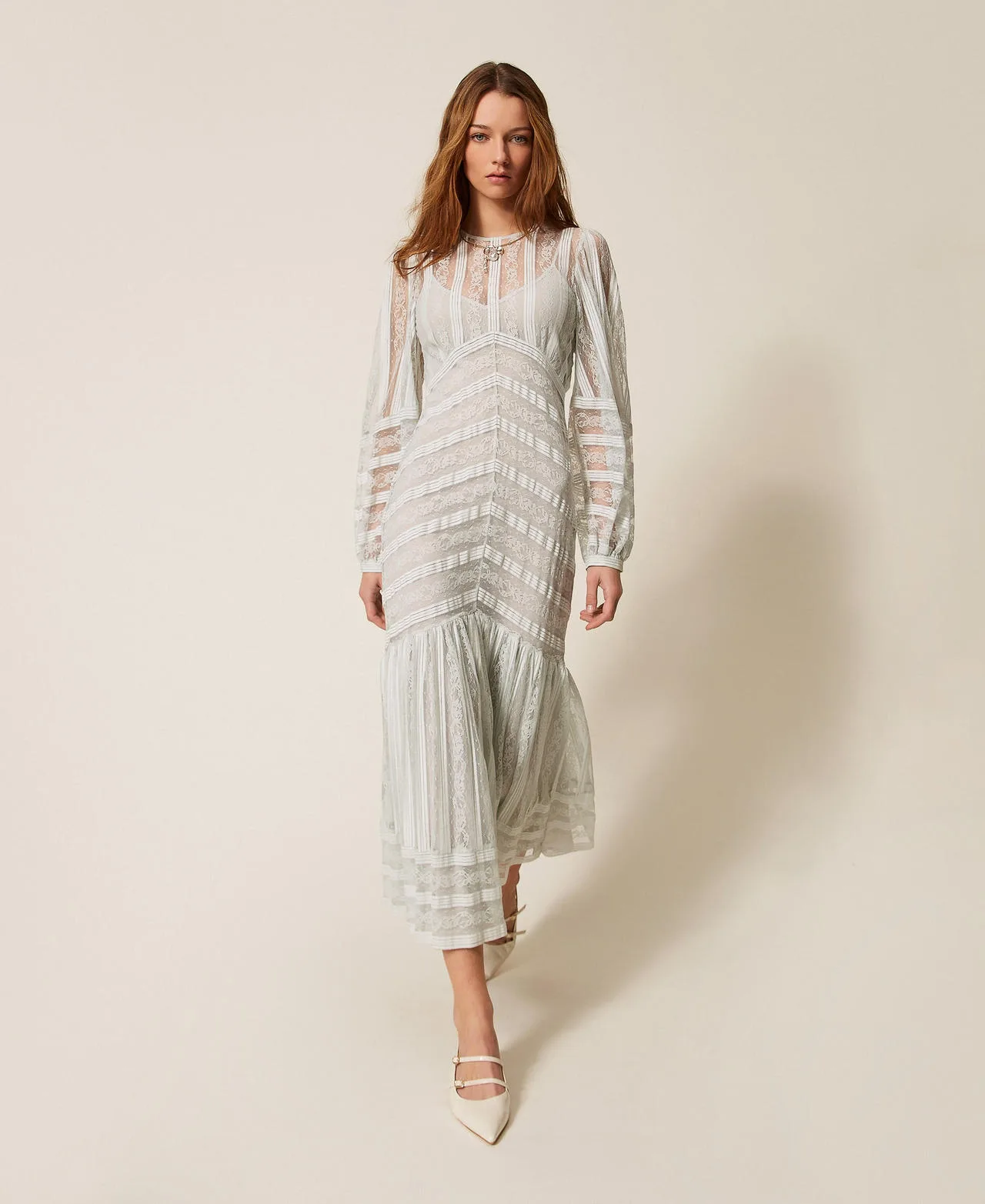 Robe longue en dentelle avec rayures - TWINSET - FashionsVida