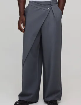 Herren Wickelbund Bundfalten Weites Bein Co-ord Geschneiderte Hose Grey Größe 30 - boohooMAN - FashionsVida