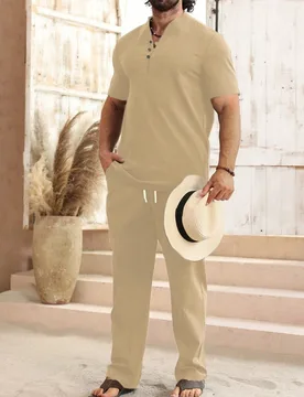 Conjunto de camisa de manga corta y pantalones de unicolor casual de vacaciones para hombres, atuendo cómodo, vacaciones - Shein - FashionsVida
