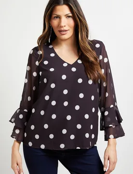 Womens Polka Dot Flute Sleeve Top - Chocolate - Size 12 Uk - Wallis - FashionsVida
