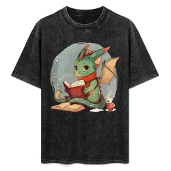 Cozy Dragon reading books and drinking hot tea T-Shirt Basic Plain Short Sleeve Crew Neck Tee