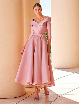 Pink Mother of the Bride Dresses V Neck 3/4 Sleeves Wedding Party Gowns Bow Satin A-Line Ankle Length Robe De Soriee - Aliexpress - FashionsVida