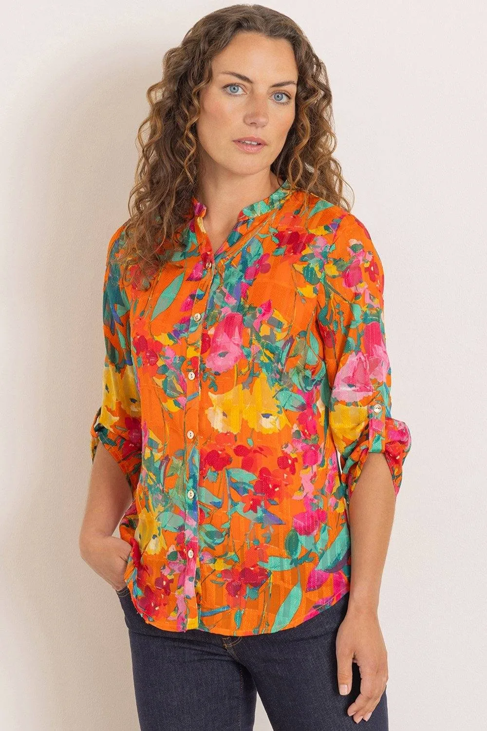 Floral Print & Shimmer Stripe Blouse - Orange - Size: 10 - Anna Rose - FashionsVida
