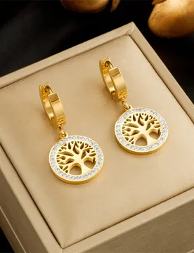 K Gold Tree of Life Cubic Zirconia Hoop Drop Earrings 316L Stainless Steel Women Spiritual Jewelry - Aliexpress - FashionsVida