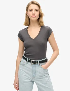 Superdry Damen Athletic Essentials Oberteil mit Spitzenbesatz und V-ausschnitt Dunkelgrau - Größe: 38-40 - 29.99 - FashionsVida