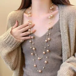 Pieza Collar largo de perlas falsas de moda, cadena de suéter elegante y minimalista, versátil para otoño/invierno