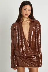 Womens Tall Sequin Draped Flare Sleeve Shirt Dress - Chocolate - Size 12 Uk