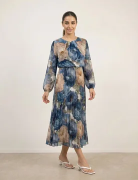 Pleated Floral Dress - S / BLUE - female - Blue Vanilla - FashionsVida