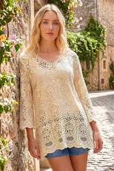 Cotton Crochet Tunic Top - Natural - Size: 18
